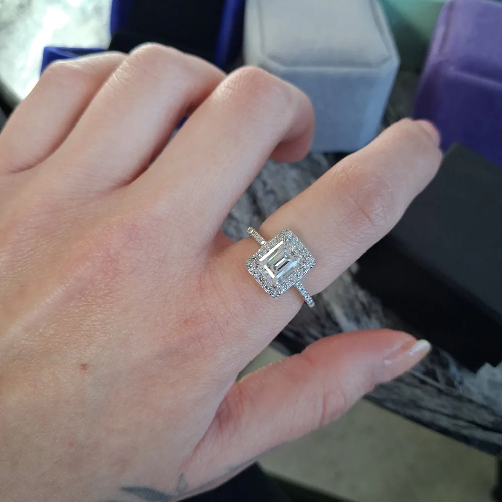 Emerald-Cut Halo Ring in Silver with Clear Stones